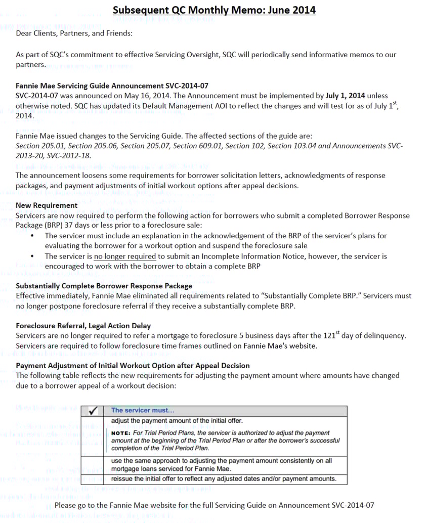 Subsequent QC Fannie Mae Servicing Guide Announcement